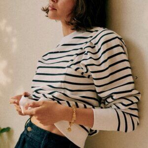 Sezane Alexa Ecru/Navy Striped Crew Neck Sweatshirt, Size Small